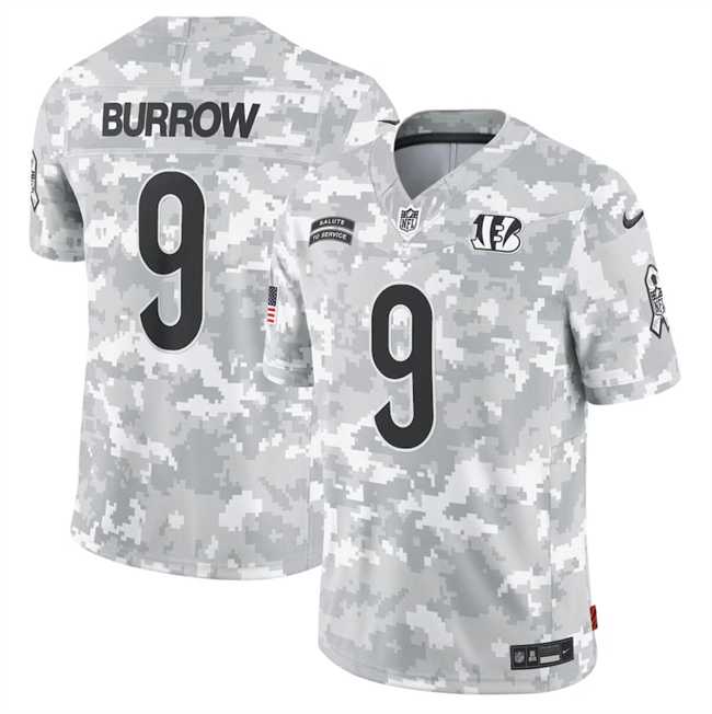 Mens Cincinnati Bengals #9 Joe Burrow 2024 Arctic Camo Salute To Service Limited Stitched Jersey Dyin